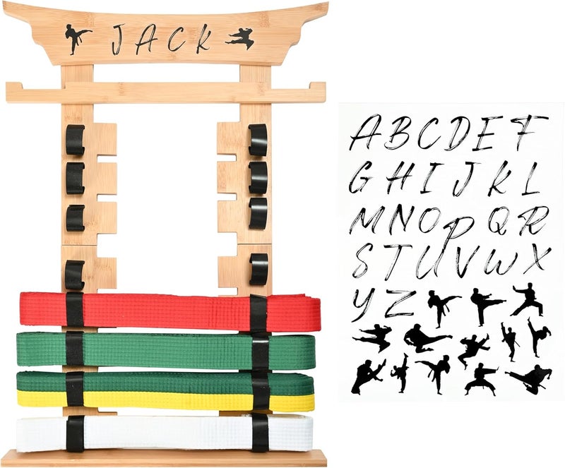 humberboat Wall Karate Belt Display Rack with Medal Hanger and Stickers, Martial Arts Belt Display Holder, 8 Belt Taekwondo Belt Belt Display Hanging Holder for Kids and Adults-Brown - Image 1